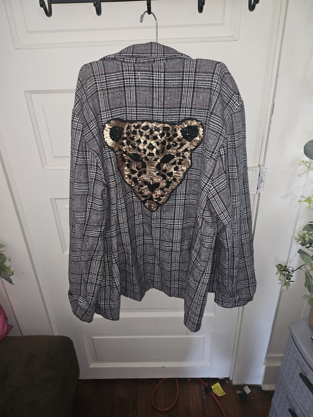 Gray Plaid Women's Blazer with Gold Sequin Leopard Patch